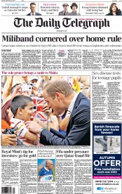 The Daily Telegraph Newspaper Front Page (UK) for 22 September 2014