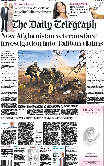 The Daily Telegraph Newspaper Front Page (UK) for 22 September 2016