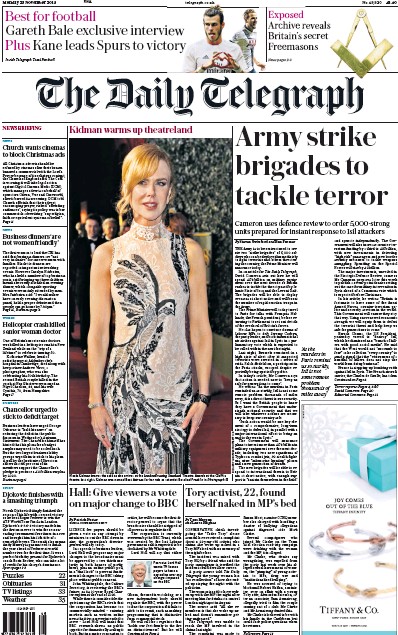 The Daily Telegraph Newspaper Front Page (UK) for 23 November 2015