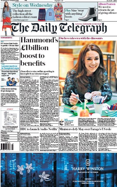 The Daily Telegraph Newspaper Front Page (UK) for 23 November 2016