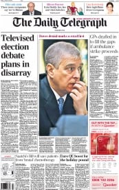 The Daily Telegraph Newspaper Front Page (UK) for 23 January 2015