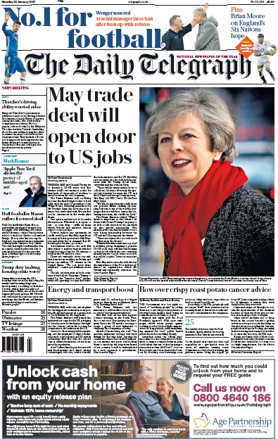 The Daily Telegraph Newspaper Front Page (UK) for 23 January 2017