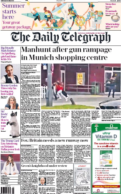 The Daily Telegraph Newspaper Front Page (UK) for 23 July 2016