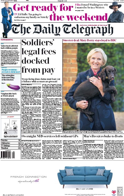 The Daily Telegraph Newspaper Front Page (UK) for 23 September 2016