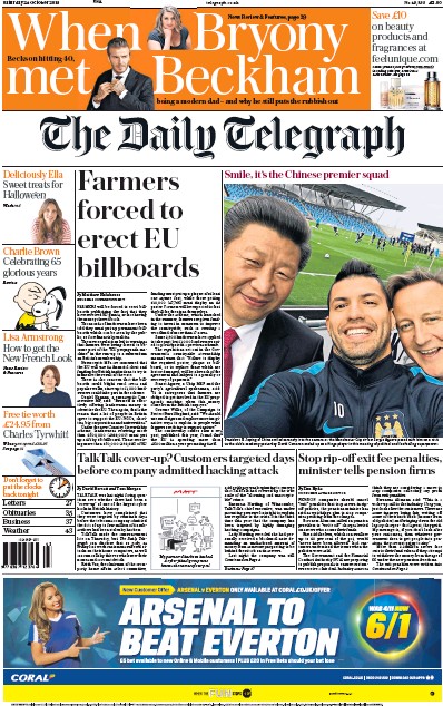 The Daily Telegraph Newspaper Front Page (UK) for 24 October 2015