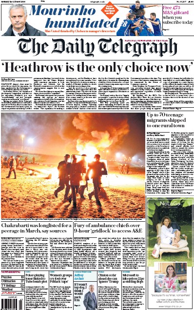 The Daily Telegraph Newspaper Front Page (UK) for 24 October 2016