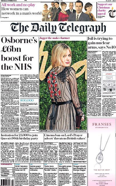 The Daily Telegraph Newspaper Front Page (UK) for 24 November 2015