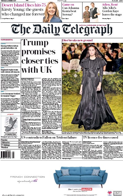 The Daily Telegraph Newspaper Front Page (UK) for 24 January 2017