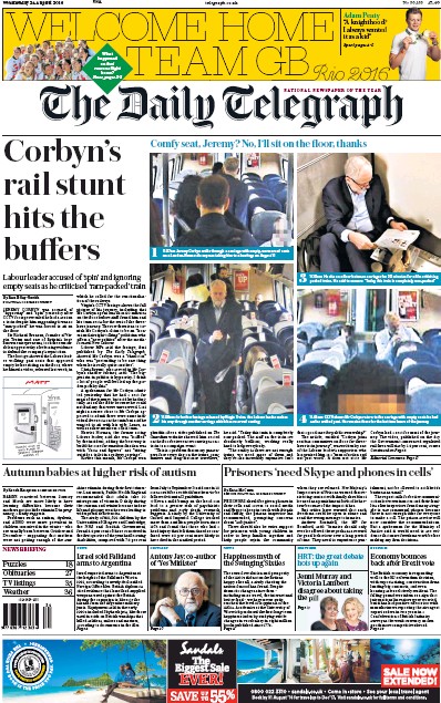 The Daily Telegraph Newspaper Front Page (UK) for 24 August 2016