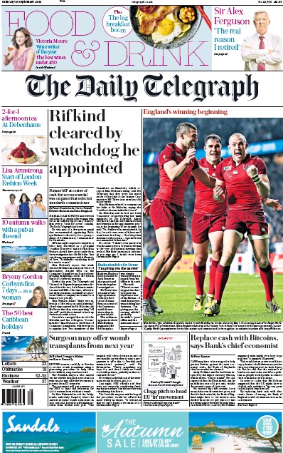 The Daily Telegraph Newspaper Front Page (UK) for 24 September 2015