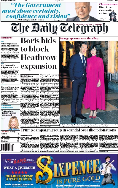 The Daily Telegraph Newspaper Front Page (UK) for 25 October 2016