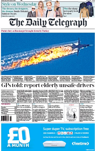 The Daily Telegraph Newspaper Front Page (UK) for 25 November 2015