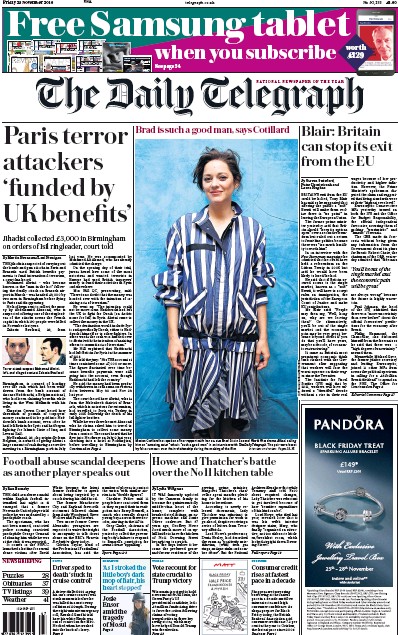 The Daily Telegraph Newspaper Front Page (UK) for 25 November 2016