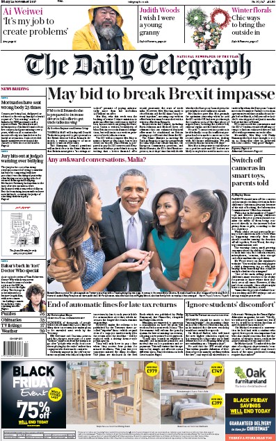 The Daily Telegraph Newspaper Front Page (UK) for 25 November 2017