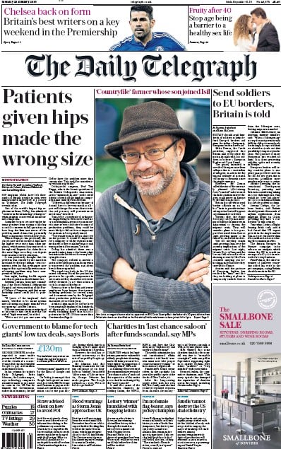 The Daily Telegraph Newspaper Front Page (UK) for 25 January 2016