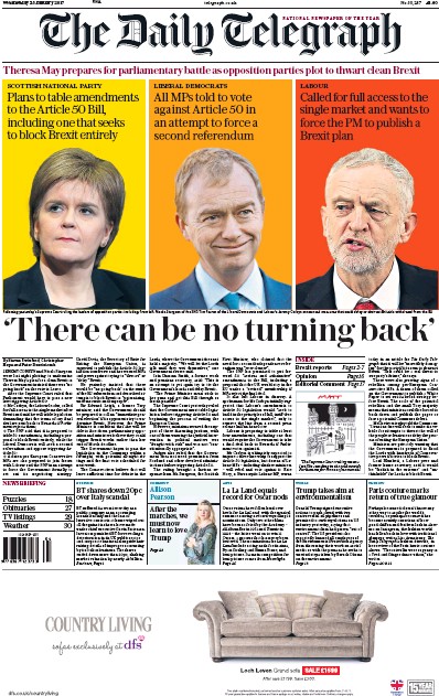 The Daily Telegraph Newspaper Front Page (UK) for 25 January 2017