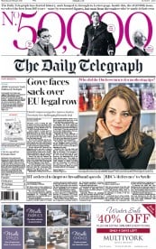 The Daily Telegraph (UK) Newspaper Front Page for 25 February 2016