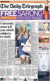 The Daily Telegraph Newspaper Front Page (UK) for 25 June 2011