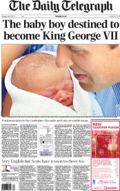 The Daily Telegraph Newspaper Front Page (UK) for 25 July 2013