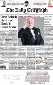 The Daily Telegraph Newspaper Front Page (UK) for 25 August 2014