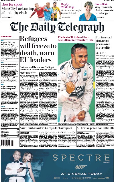 The Daily Telegraph Newspaper Front Page (UK) for 26 October 2015