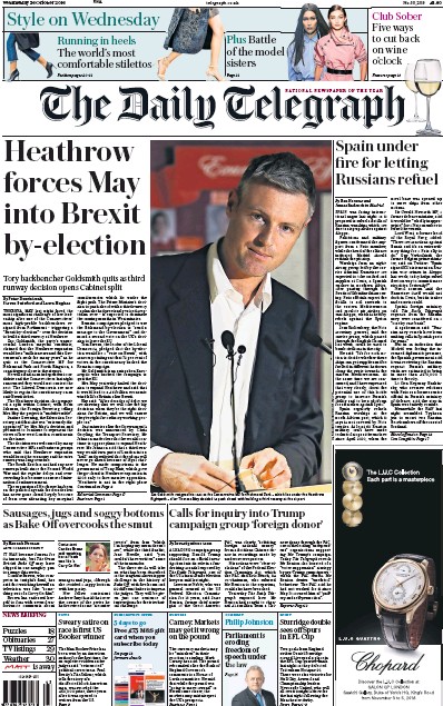 The Daily Telegraph Newspaper Front Page (UK) for 26 October 2016