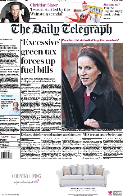 The Daily Telegraph Newspaper Front Page (UK) for 26 October 2017