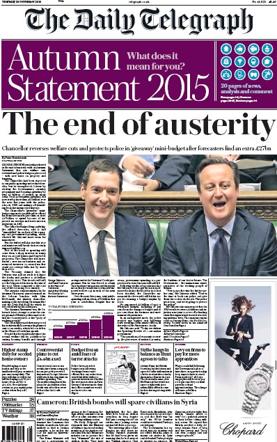 The Daily Telegraph Newspaper Front Page (UK) for 26 November 2015