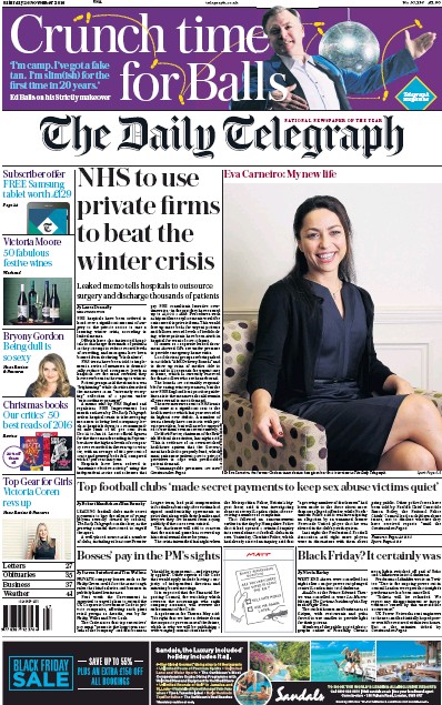 The Daily Telegraph Newspaper Front Page (UK) for 26 November 2016