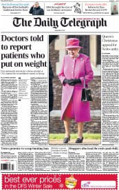 The Daily Telegraph Newspaper Front Page (UK) for 26 December 2014