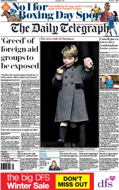The Daily Telegraph Newspaper Front Page (UK) for 26 December 2016