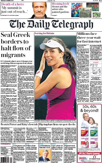 The Daily Telegraph Newspaper Front Page (UK) for 26 January 2016