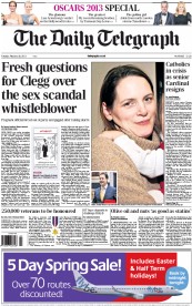 The Daily Telegraph Newspaper Front Page (UK) for 26 February 2013