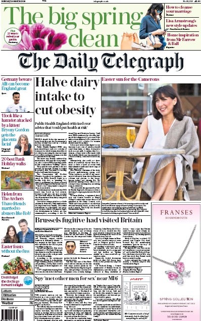 The Daily Telegraph Newspaper Front Page (UK) for 26 March 2016