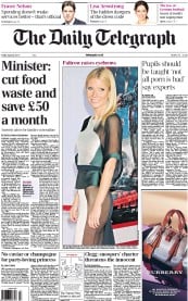 The Daily Telegraph Newspaper Front Page (UK) for 26 April 2013