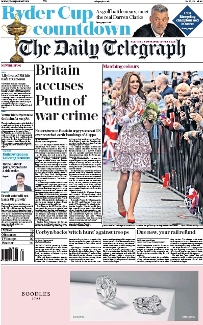 The Daily Telegraph Newspaper Front Page (UK) for 26 September 2016