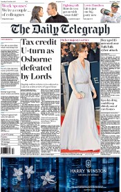 The Daily Telegraph (UK) Newspaper Front Page for 27 October 2015