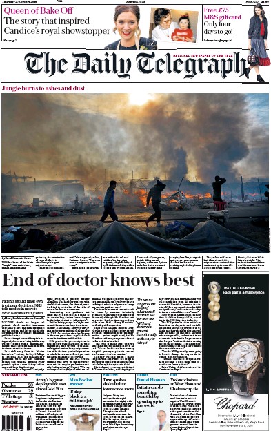 The Daily Telegraph Newspaper Front Page (UK) for 27 October 2016