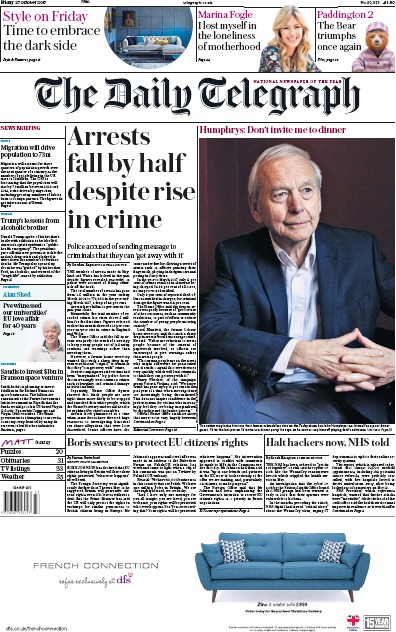 The Daily Telegraph Newspaper Front Page (UK) for 27 October 2017