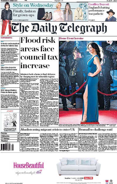 The Daily Telegraph Newspaper Front Page (UK) for 27 January 2016