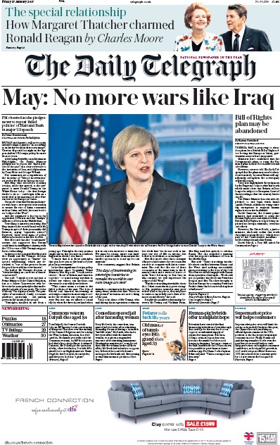 The Daily Telegraph Newspaper Front Page (UK) for 27 January 2017