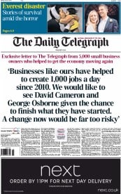 The Daily Telegraph Newspaper Front Page (UK) for 27 April 2015