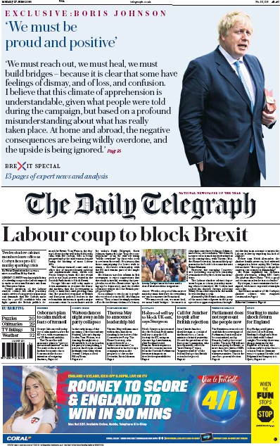 The Daily Telegraph Newspaper Front Page (UK) for 27 June 2016