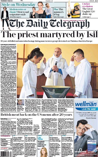 The Daily Telegraph Newspaper Front Page (UK) for 27 July 2016