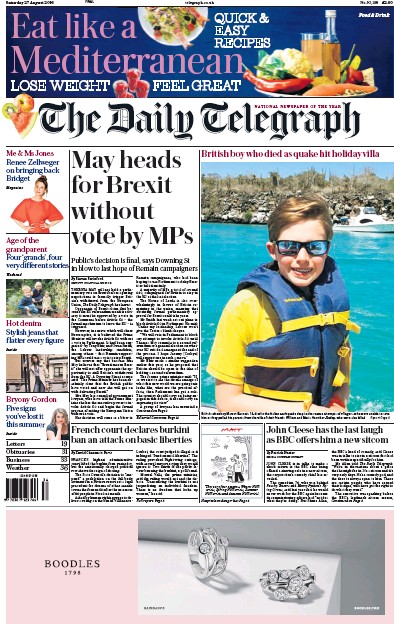 The Daily Telegraph Newspaper Front Page (UK) for 27 August 2016