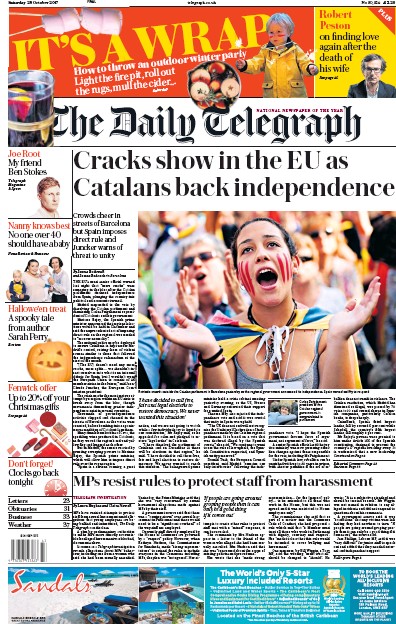 The Daily Telegraph Newspaper Front Page (UK) for 28 October 2017