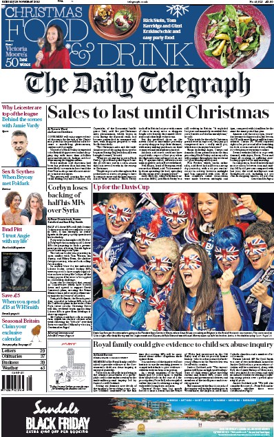 The Daily Telegraph Newspaper Front Page (UK) for 28 November 2015