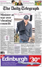 The Daily Telegraph Newspaper Front Page (UK) for 28 January 2013