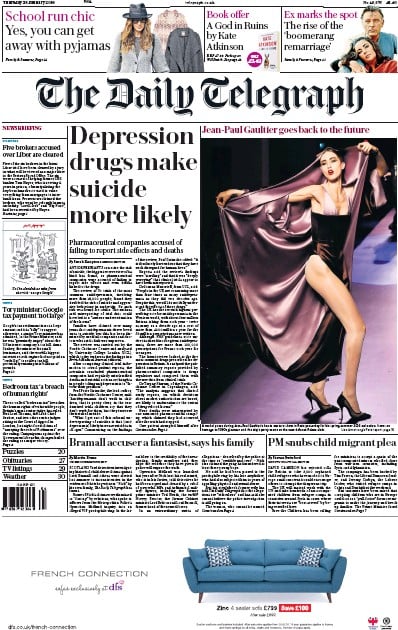 The Daily Telegraph Newspaper Front Page (UK) for 28 January 2016