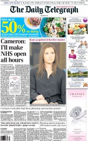 The Daily Telegraph Newspaper Front Page (UK) for 28 March 2015